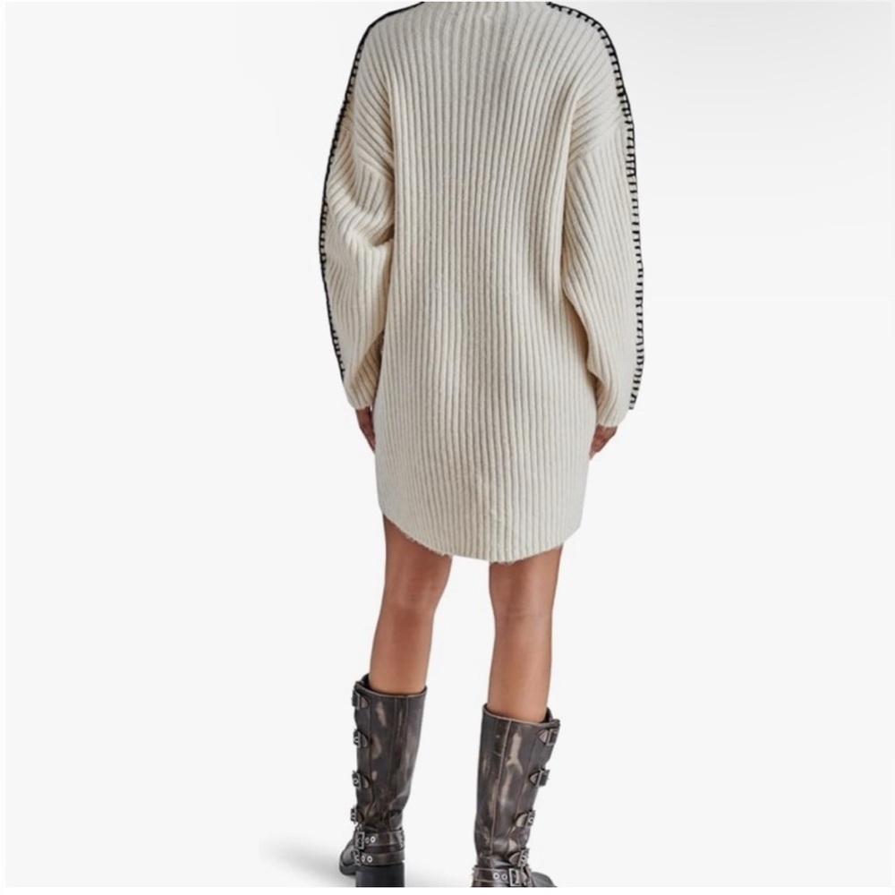 Steve Madden Women's Gemma Dress Ribbed Mock Neck White Black Stitching - Picture 4 of 11